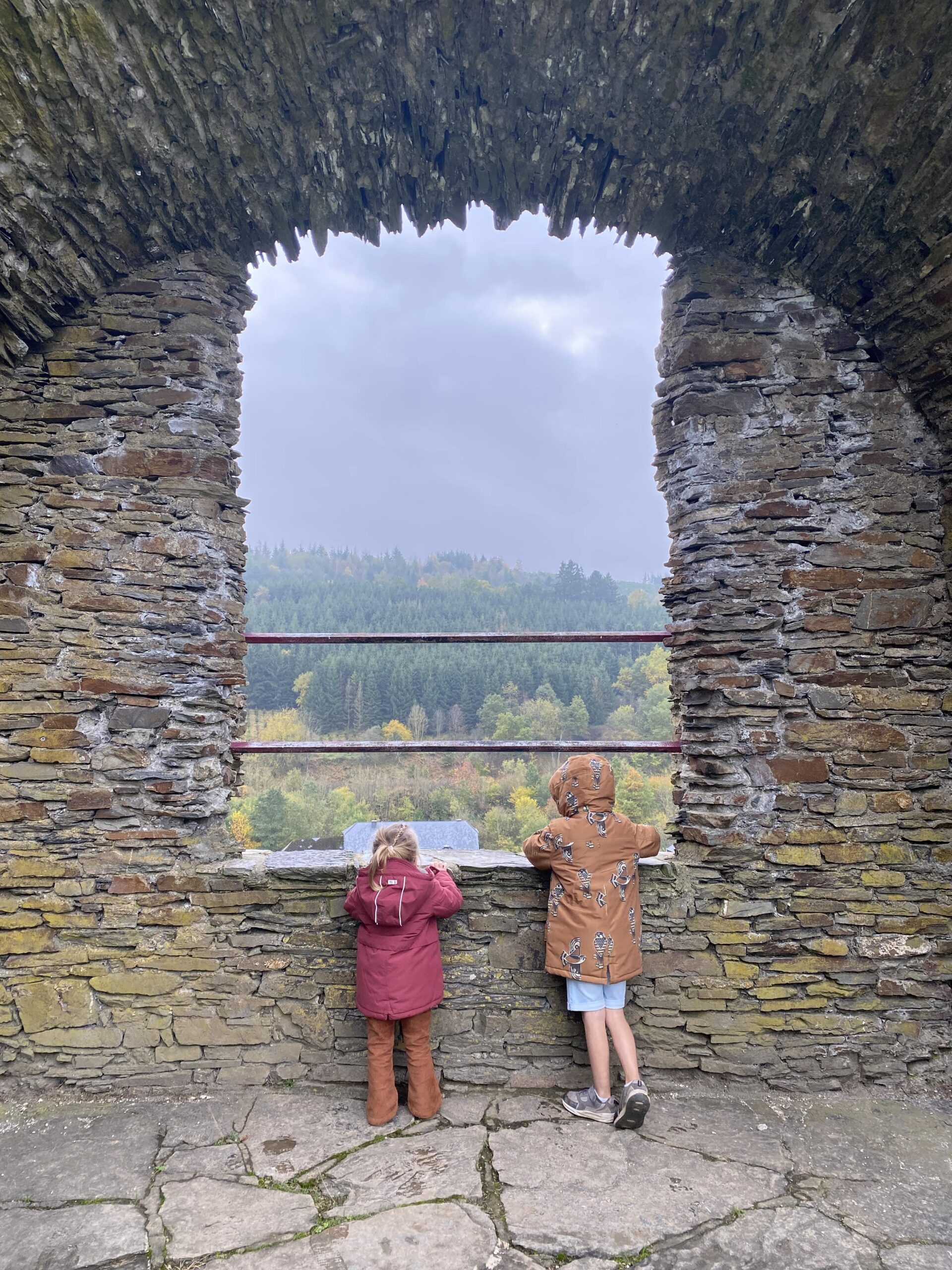 Morris en Zola op de uitkijk vanuit kasteel Reinhardstein.